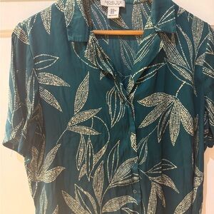 Rachel Zoe Teal and Cream Leaf-Print Button-Down Shirt